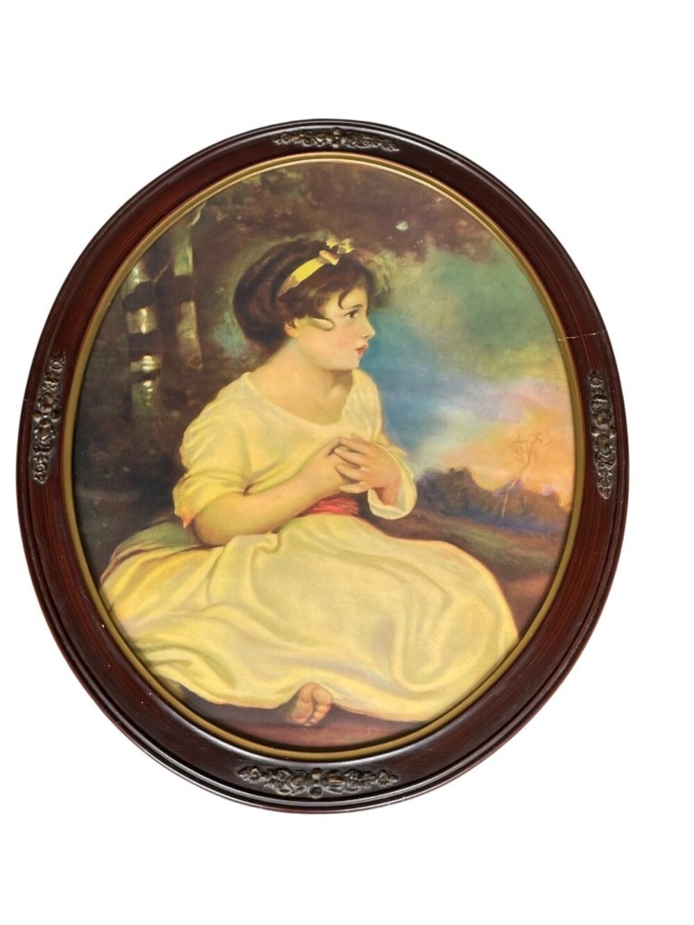 Age of Innocence Sir Joshua Reynolds Lithograph Oval Frame 18x22 Girl Edwardian